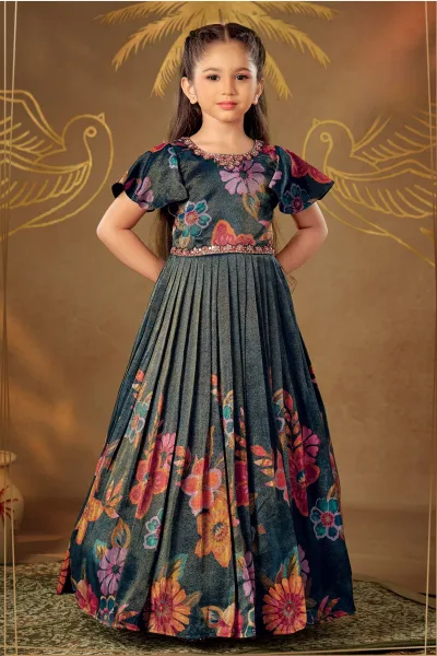 Peacock Blue Mirror, Stone, Sequins and Beads work with Floral Print Long Party Gown
